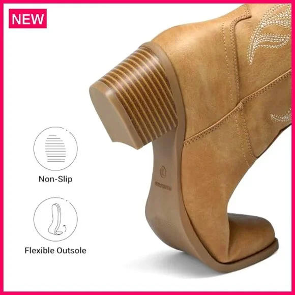 Women's Knee High Cowboy Boots Chunky Heel Square Toe Embroidered Western - Picture 7 of 8